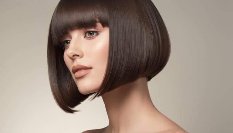 Carré plongeant lisse avec frange : coupe courte à la nuque, longueur progressive vers l'avant encadrant le visage