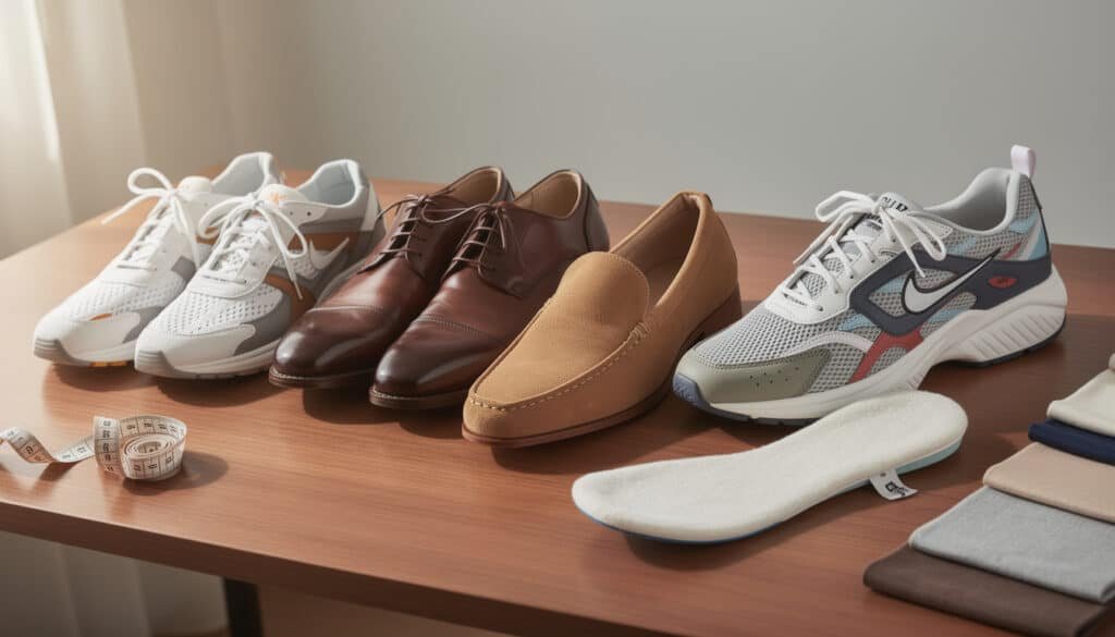 Sélection de chaussures variées (baskets, derbies, mocassins) avec semelles orthopédiques et mètre de mesure pour tester le confort