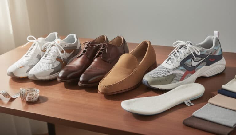 Sélection de chaussures variées (baskets, derbies, mocassins) avec semelles orthopédiques et mètre de mesure pour tester le confort
