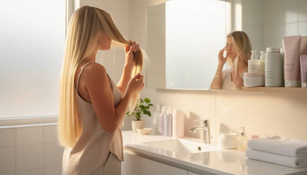 Femme aux cheveux blonds longs inspectant la qualité de ses cheveux devant un miroir de salle de bain avec produits de soin