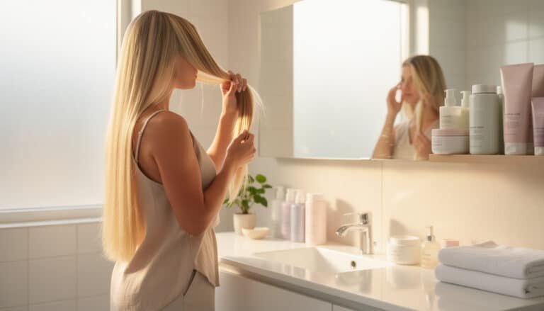 Femme aux cheveux blonds longs inspectant la qualité de ses cheveux devant un miroir de salle de bain avec produits de soin