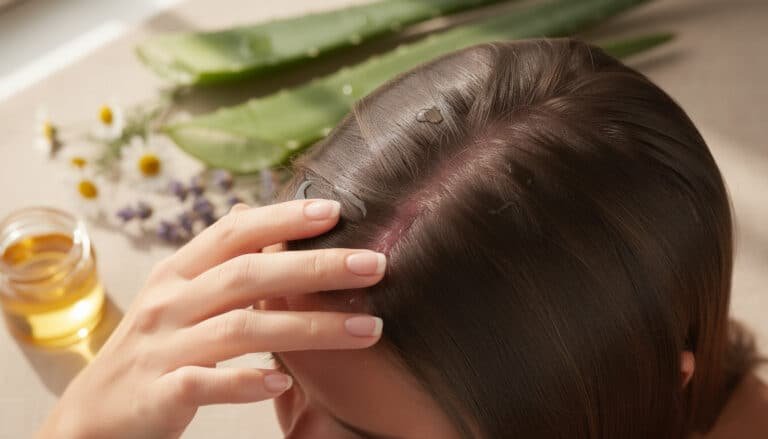 Femme appliquant un soin naturel à base d'huile sur ses cheveux pour apaiser les démangeaisons du cuir chevelu