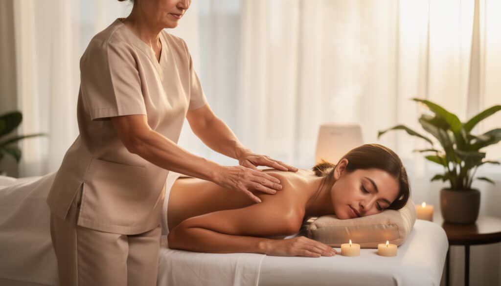 Praticienne effectuant un massage relaxant sur le dos d'une cliente allongée dans un cadre zen avec bougies