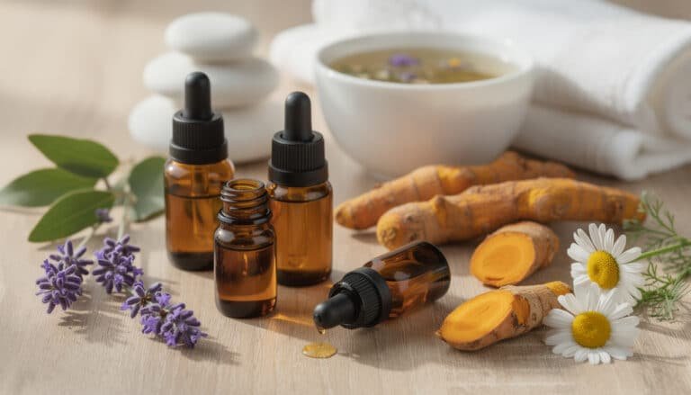 Flacon d'huile essentielle anti-inflammatoire avec gingembre, camomille et lavande sur fond blanc