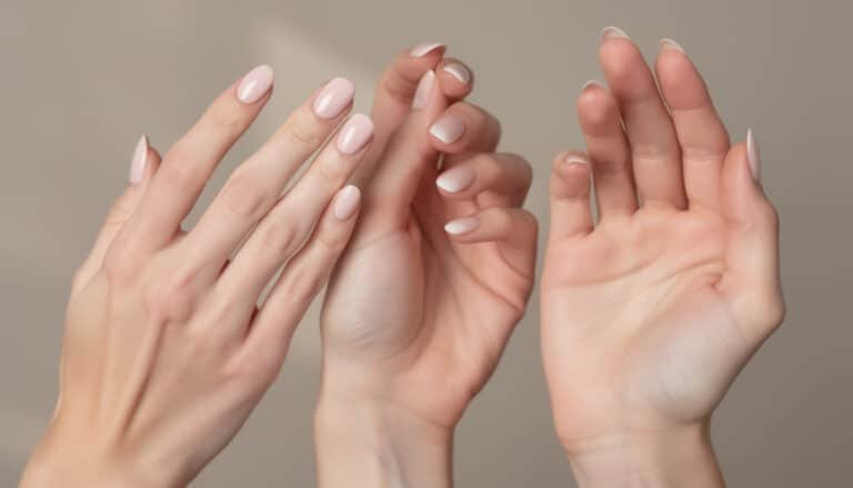 Trois mains présentant différentes formes d'ongles ovales et arrondies, vernis nude blanc, illustrant les formes flatteuses selon la morphologie