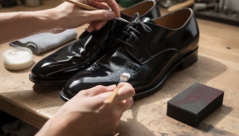 Réparation de chaussures vernies noires craquelées avec brosse et produit d'entretien sur établi