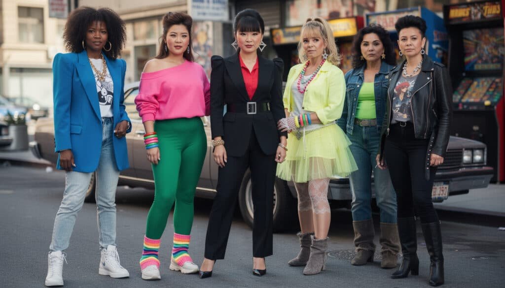Six femmes posant dans une rue new-yorkaise portant des looks années 80 : blazer bleu, ensemble rose fluo, costume noir, tenue jaune fluo, denim avec veste, et cuir noir