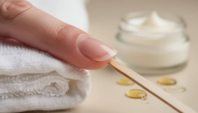 Main avec manucure française repoussant délicatement la cuticule avec un bâtonnet en bois, près d'une crème hydratante