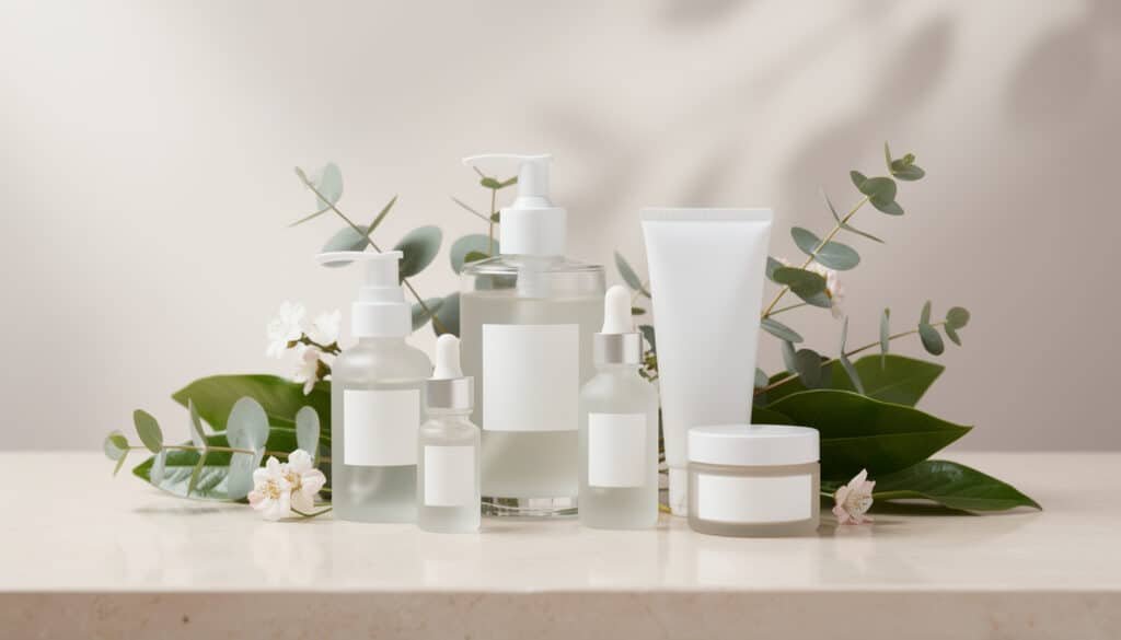 Collection de produits cosmétiques naturels Typology avec flacons minimalistes, formules courtes et ingrédients visibles