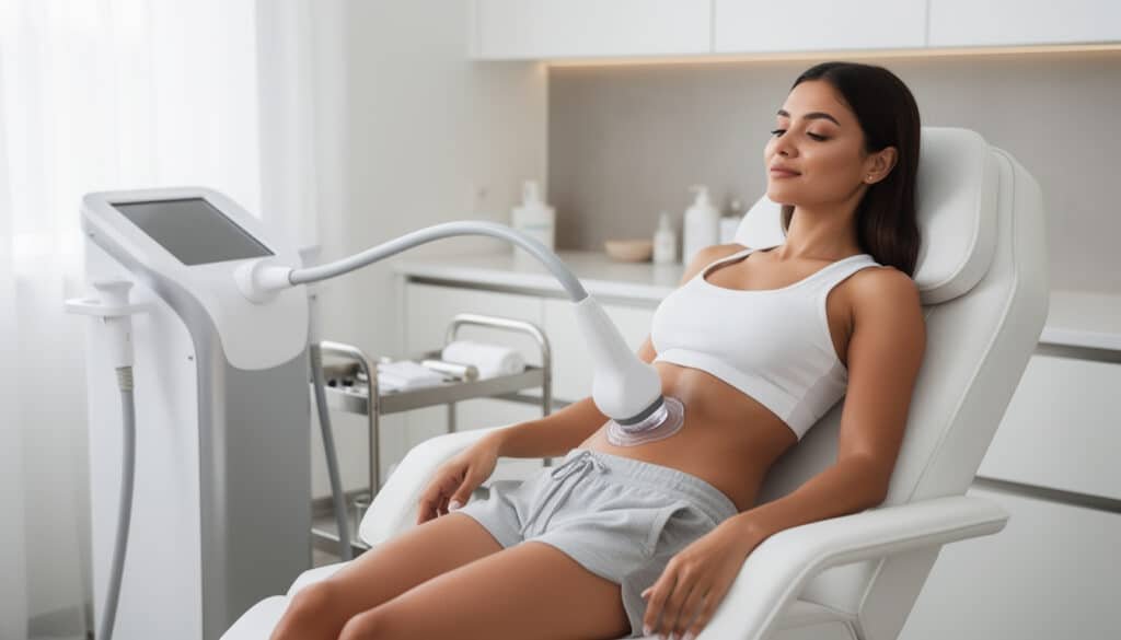 Femme enceinte en consultation cryolipolyse avec applicateur sur le ventre, machine moderne en arrière-plan