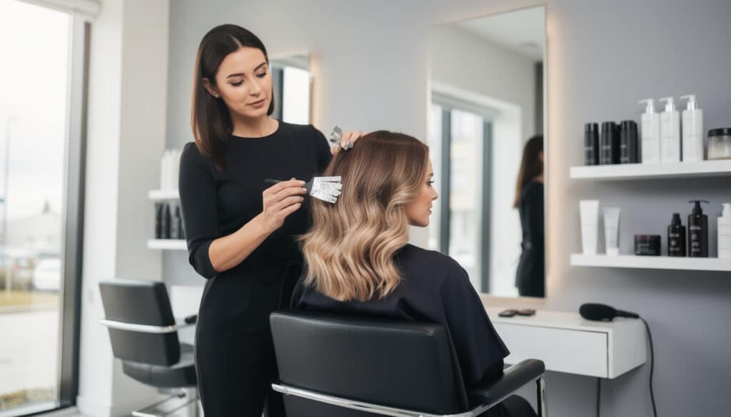 Coiffeur appliquant un balayage caramel sur cheveux châtains en salon professionnel