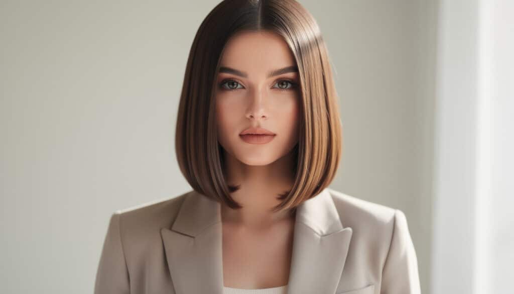 Carré long tendance à la clavicule, coupe lisse et structurée avec raie centrale, cheveux brillants châtain clair