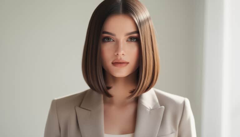 Carré long tendance à la clavicule, coupe lisse et structurée avec raie centrale, cheveux brillants châtain clair