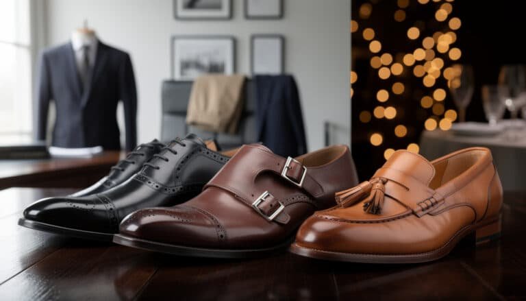 Trois chaussures de ville élégantes en cuir : richelieu noir, derby marron foncé et mocassin camel sur un bureau