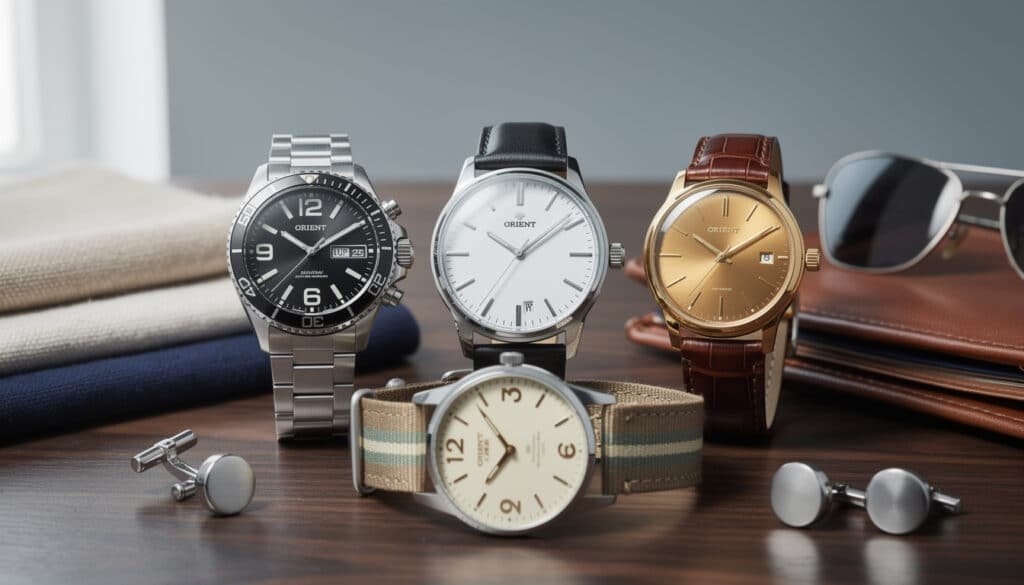 Collection de montres Orient pour tous les styles : montre sport noire, dress watch blanche, montre dorée cuir marron et montre casual beige