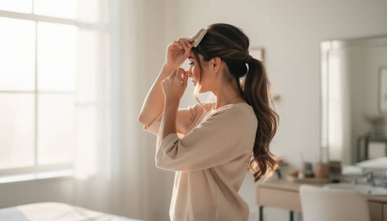 Femme coiffant ses cheveux longs avec une brosse le matin dans une salle de bain lumineuse