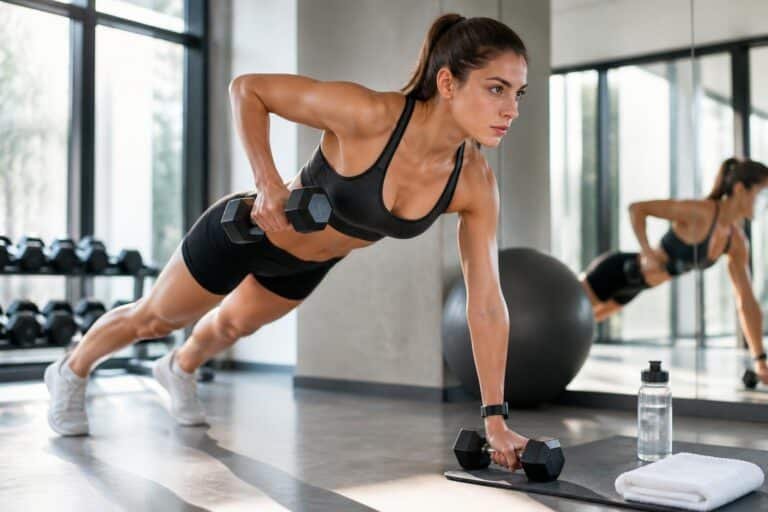 Femme effectuant des exercices de renforcement des bras avec haltères légers en salle de sport pour réduire la cellulite