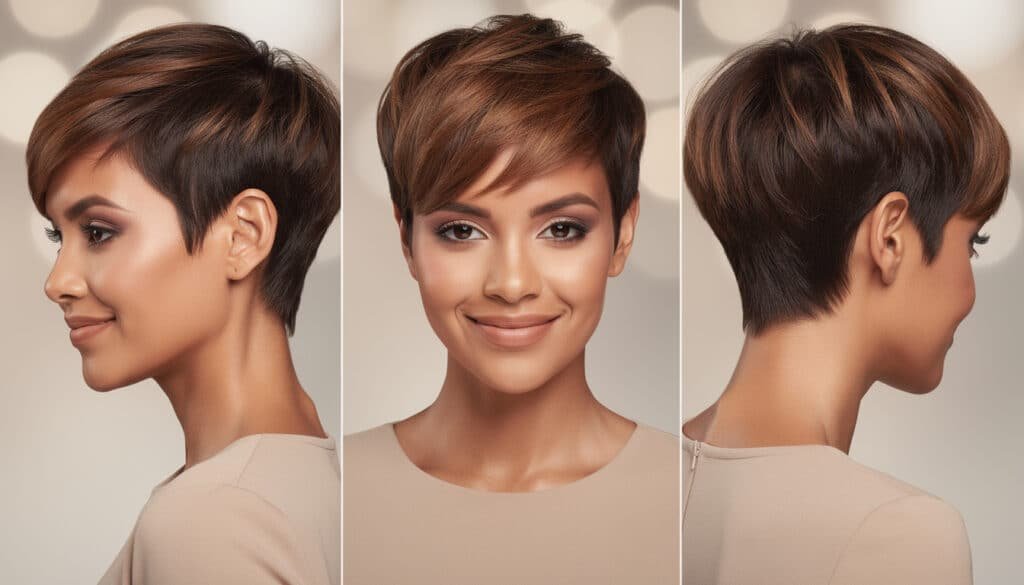 Coupe pixie femme : trois angles de vue montrant dégradé, nuque dégagée et mèche encadrant le visage