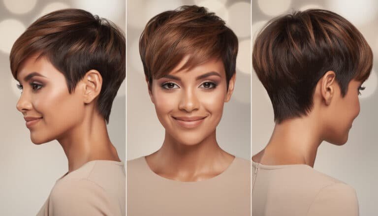 Coupe pixie femme : trois angles de vue montrant dégradé, nuque dégagée et mèche encadrant le visage