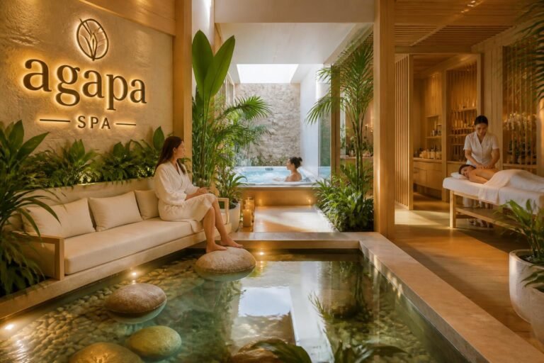 Espace détente Agapa Spa avec bassin intérieur, plantes vertes, canapé beige et client en soin du dos