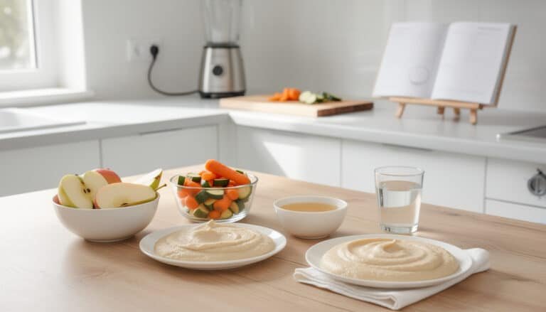 Plateau repas diète sans résidu : purée, légumes cuits, fruits pelés, eau et bouillon