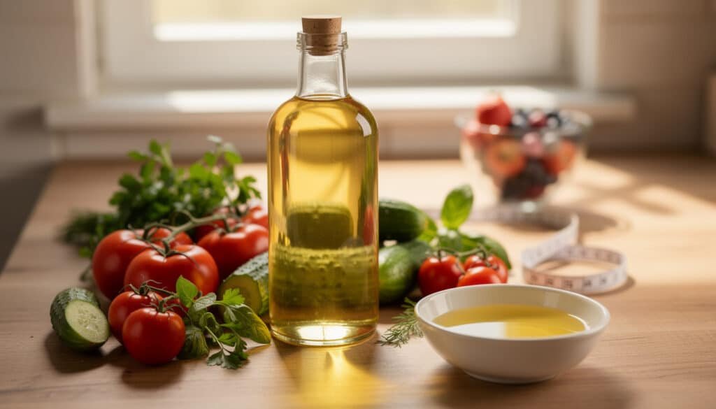 Bouteille d'huile neutre avec légumes frais (tomates, concombre) et bol d'huile pour la cuisine