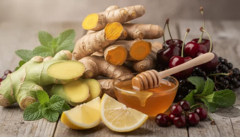 Gingembre frais, curcuma, miel, citron et baies rouges - anti-inflammatoires naturels pour soulager l'inflammation