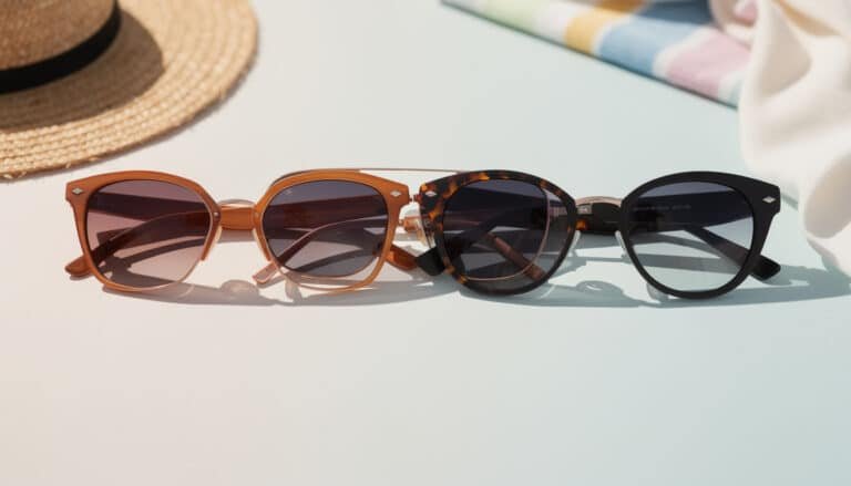 Collection de 4 lunettes de soleil tendance : montures écaille, noisette, tortoise et noir avec verres dégradés