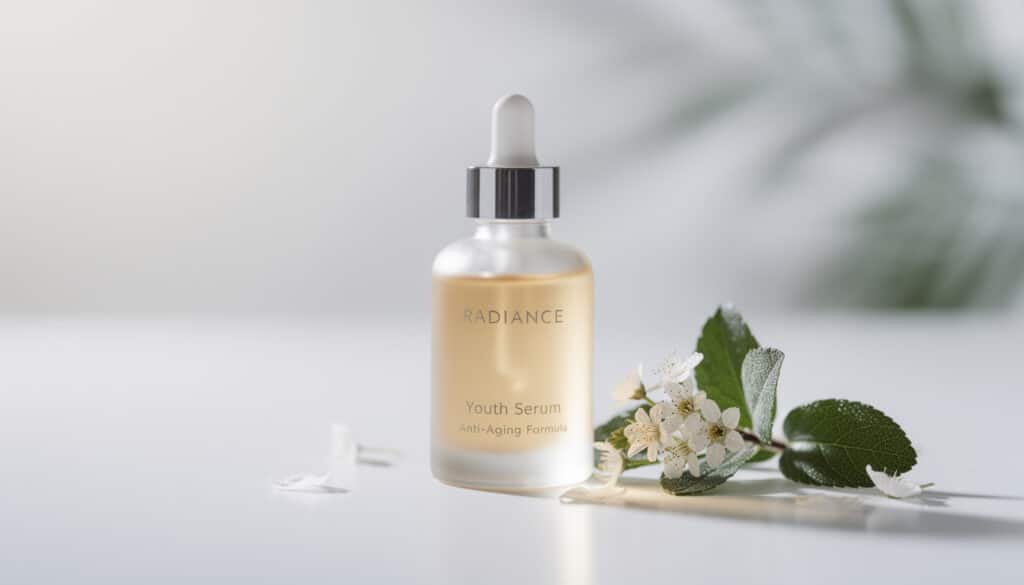 Sérum anti-âge Youth Serum Radiance avec formule anti-rides, flacon compte-gouttes et fleurs blanches