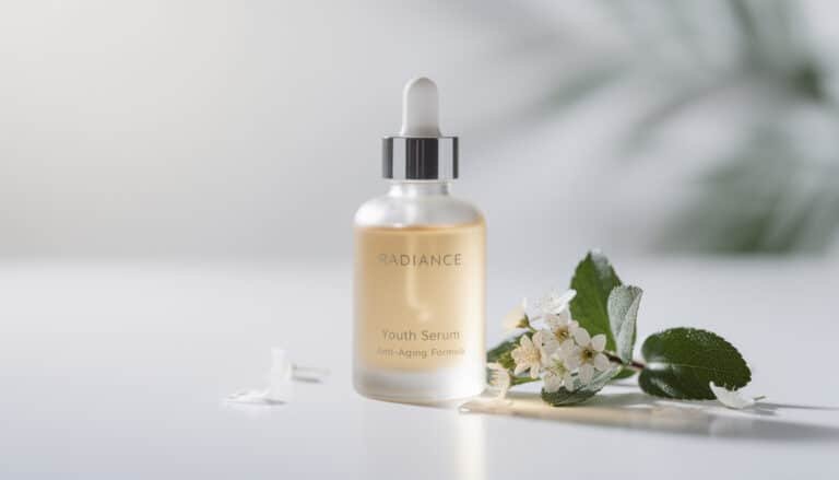 Sérum anti-âge Youth Serum Radiance avec formule anti-rides, flacon compte-gouttes et fleurs blanches
