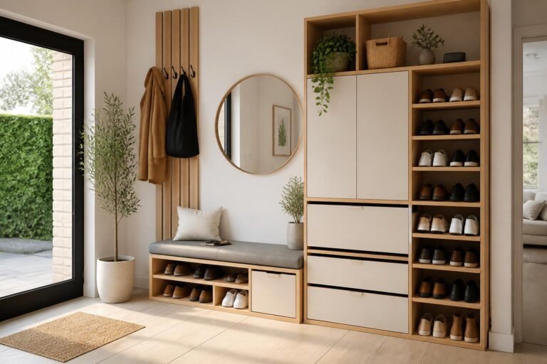 Meuble à chaussures modulaire en bois clair avec rangements ouverts et fermés, banc d'entrée et miroir rond