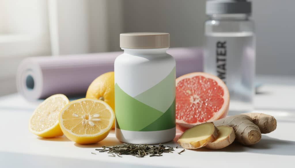 Complément minceur MiniWeight avec ingrédients naturels : citron, pamplemousse, gingembre, thé vert et gélules