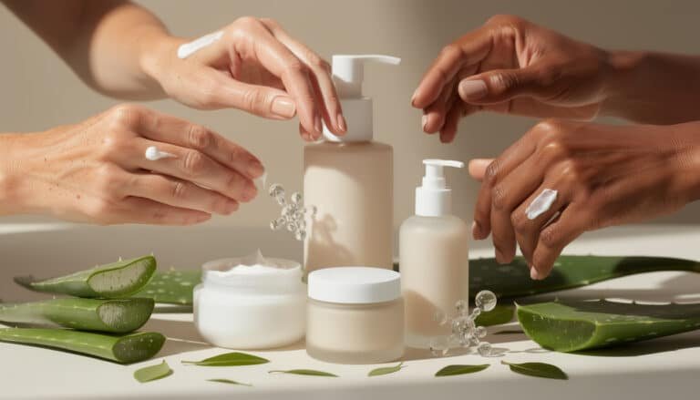 Mains appliquant une crème anti-âge adaptée avec aloe vera, démonstration de soins personnalisés