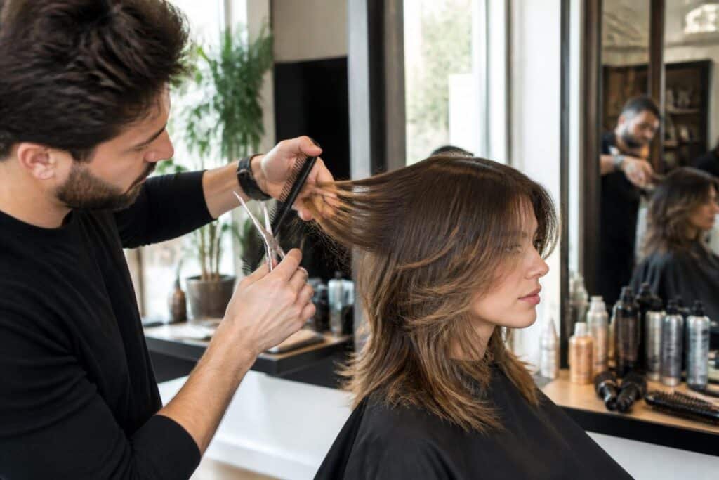 Coiffeur réalisant une coupe papillon avec ciseaux et peigne sur cheveux mi-longs châtains