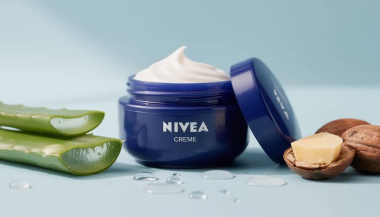 Pot bleu de crème Nivea ouvert avec sa texture crémeuse, entouré d'aloe vera et beurre de karité