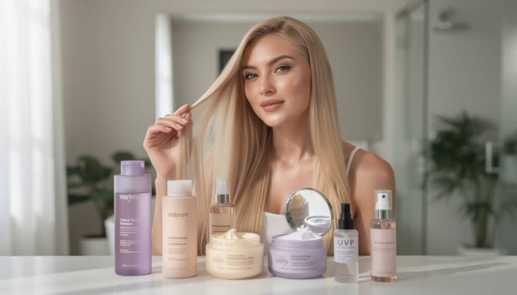 Routine complète de soins pour cheveux blonds avec shampooing violet, masques hydratants et sérums protecteurs