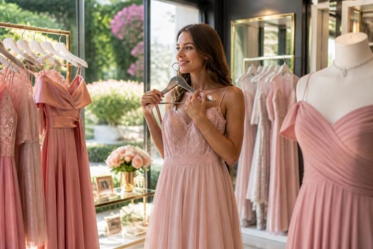 Femme essayant une robe rose poudré midi dans une boutique élégante avec plusieurs robes roses de nuances variées