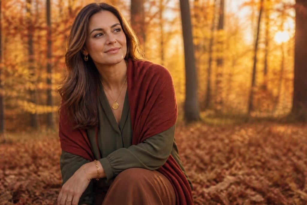 Femme avec colorimétrie automne portant cardigan rouge et top kaki en forêt automnale dorée
