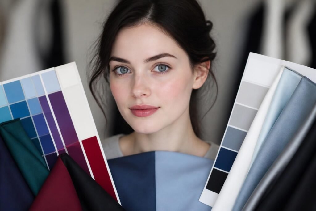 Femme hiver tenant des nuanciers de couleurs froides et contrastées pour déterminer sa palette de colorimétrie