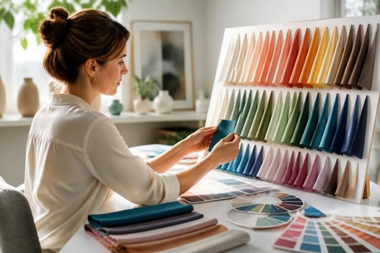 Femme consultant une nuancier de couleurs pour déterminer sa palette de colorimétrie personnelle