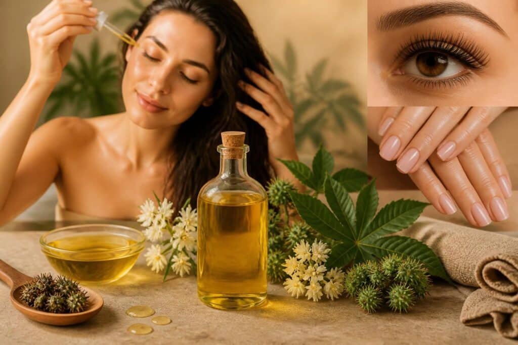 Huile de ricin en flacon avec plantes, femme appliquant le soin sur cheveux, gros plan sur yeux et ongles traités