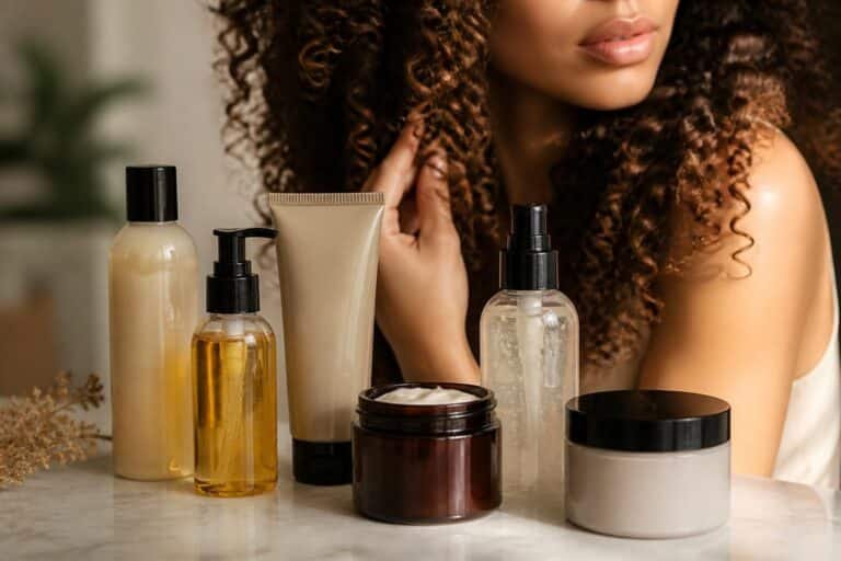 Produits pour cheveux bouclés : shampooing, masque, soin et spray hydratant avec femme aux boucles brillantes