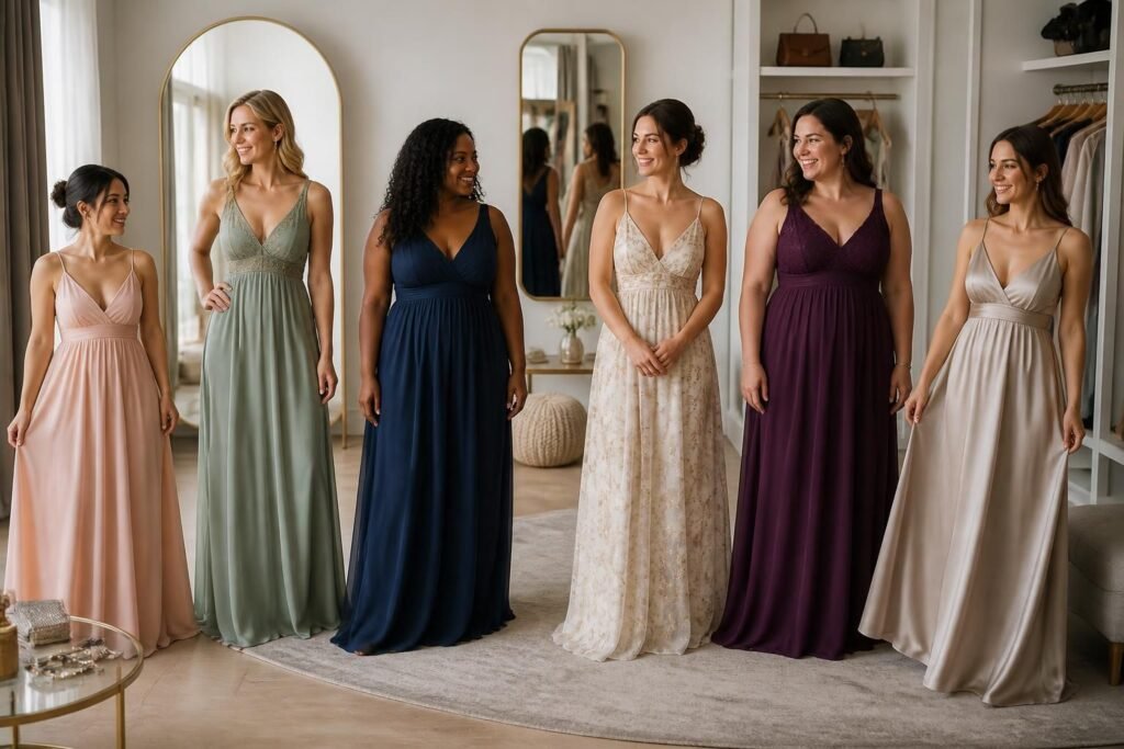 Six femmes portant des robes taille empire de couleurs variées dans un showroom avec miroirs