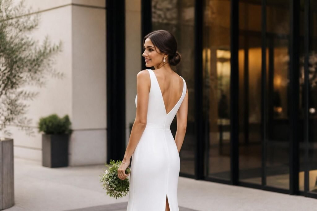Femme en robe blanche midi fluide avec dos nu ouvert, bouquet de fleurs blanches, architecture moderne urbaine