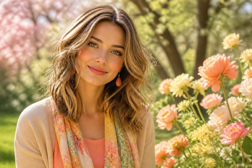 Femme avec colorimétrie printemps portant des couleurs chaudes corail et crème dans un jardin fleuri