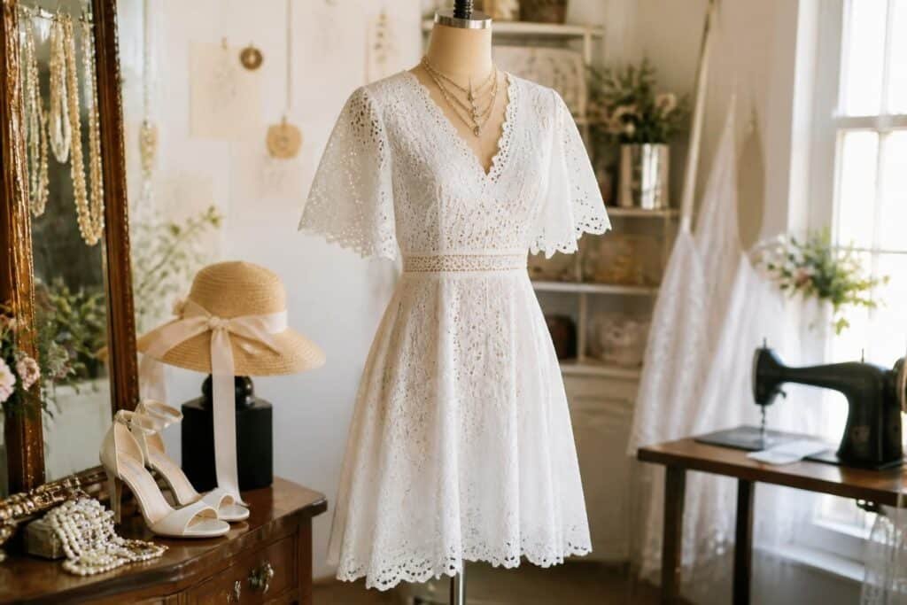 Robe broderie anglaise blanche cache-cœur avec manches cape, accessoirisée de sandales blanches et chapeau paille