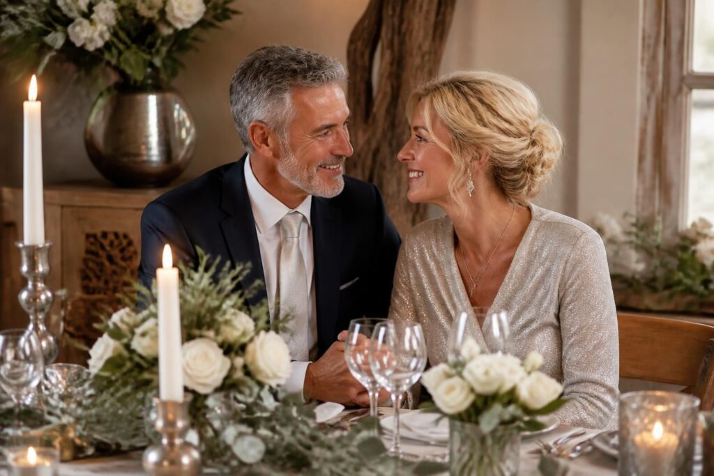 Couple élégant souriant face à face à une table ornée de bougies et de fleurs blanches