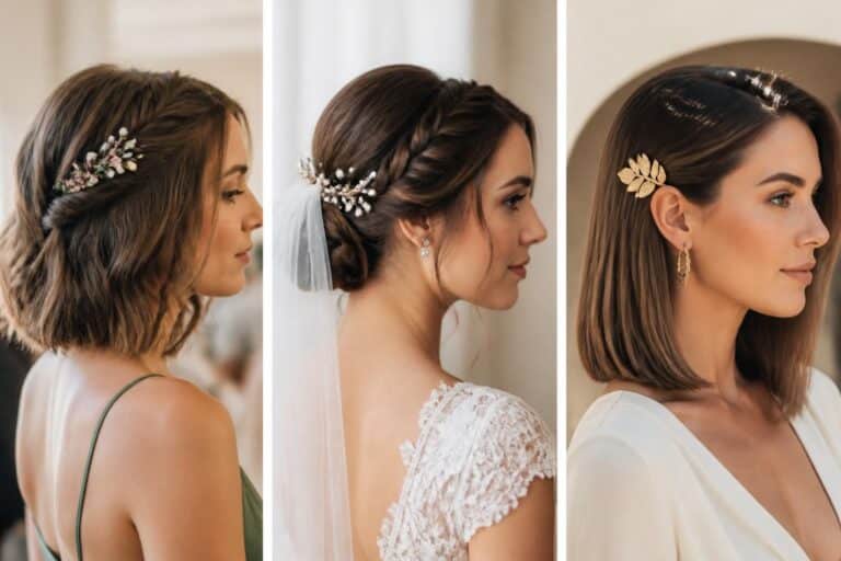 Trois coiffures de mariage sur cheveux au carré avec accessoires