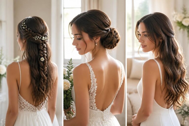 Trois coiffures de mariée sur cheveux longs : tresse fleurie, chignon bas et ondulations