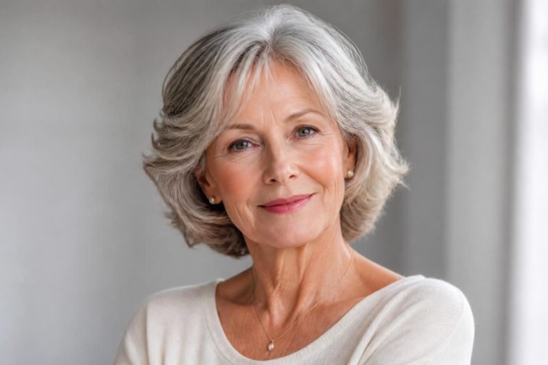 Portrait d’une femme aux cheveux gris mi-longs portant un haut blanc